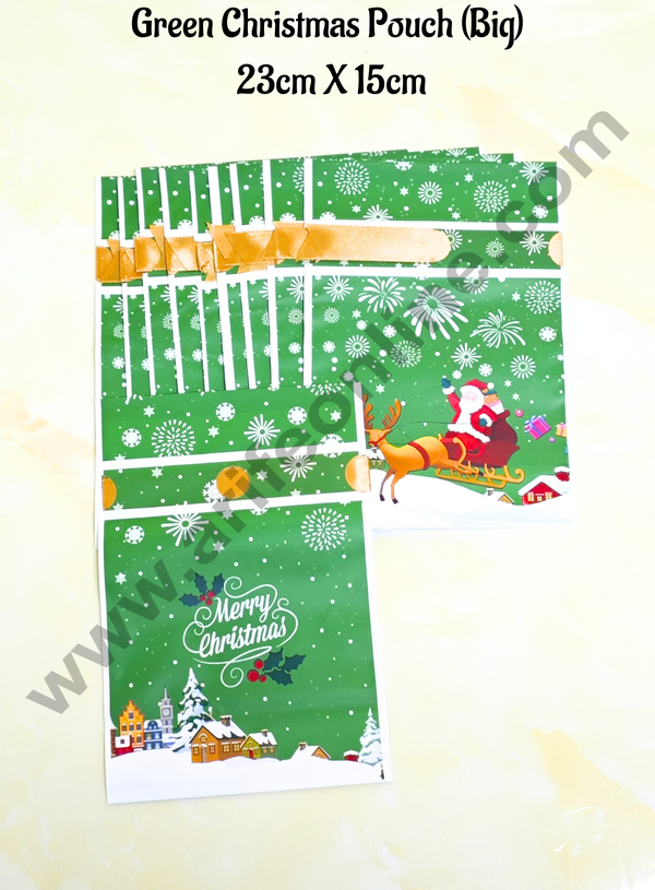 Cake Decor ™  Big Green White Color Christmas Theme Cookie pouch Plastic Drawstring Bag Treat With Ribbon | Design - 05  | Pack of 10 | (23cm X 15cm)