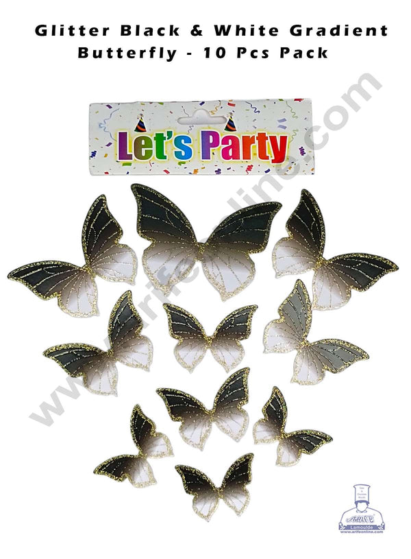 CAKE DECOR™ 10 pcs Let's Party Glitter Black & White Butterfly Paper Topper For Cake And Cupcake