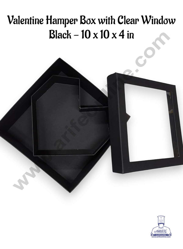CAKE DECOR™ Valentine Hamper Box with Clear Window | Gift Box | Heart Shape Box | Present Box - Black (10 x 4 in)
