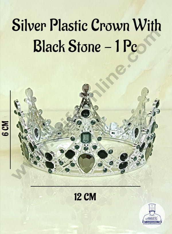 CAKE DECOR™ Silver Plastic Crown With Black Stone Topper For Cake And Cupcake Decorations - Silver