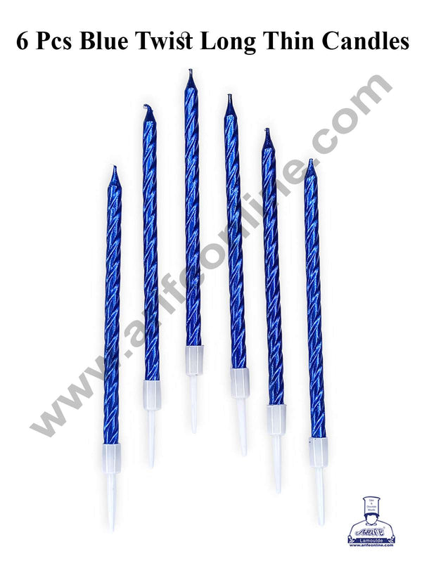 CAKE DECOR™ 6 Pcs Blue Twist Long Thin Candle for Cake and Cupcake Decorations