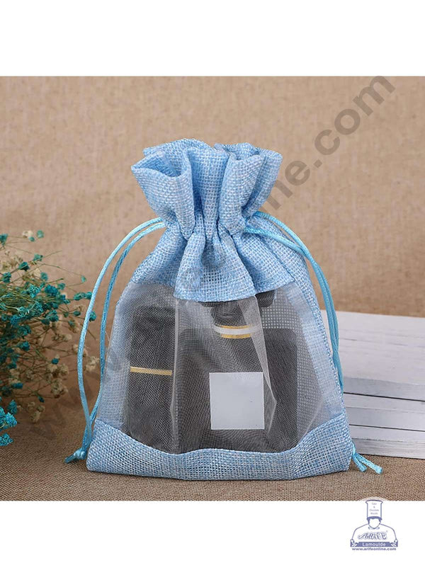 CAKE DECOR™ Large Blue Color Jute Potli Pouch with Drawstring & Transparent Organza Window | Jute Sack | Gift Pouch | Gift Bags - 12 Pcs Pack