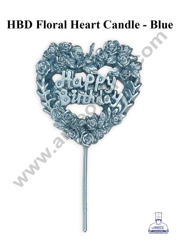 CAKE DECOR™ HBD Floral Heart Shape Candle for Cake and Cupcake Decorations - Blue (1 Piece)