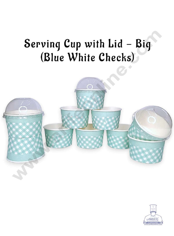 CAKE DECOR™ Big Blue White Checks Serving Cup with Lid  | Ice Cream Tub (10 Pcs Pack)