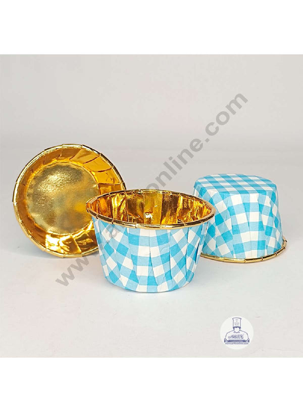 Cake Decor Golden Foil Coated Direct Bake-able Paper Muffin Cups - Blue Checks (50 Pcs)