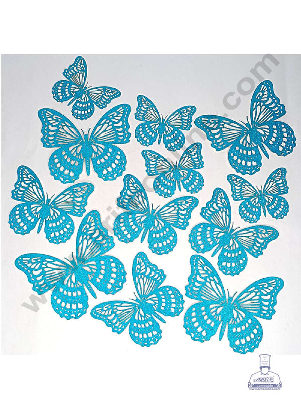 CAKE DECOR™ 12 pcs Glitter Blue Imported Butterfly Paper Topper For Cake And Cupcake