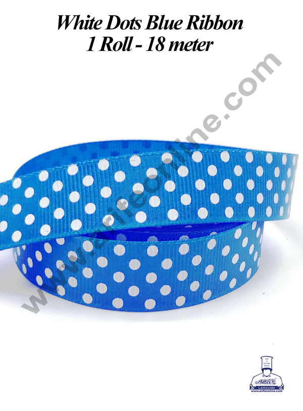 CAKE DECOR™ 1 Roll White Dots Blue Ribbon | Gift Wrapping | Decoration (SBR-PR-024)