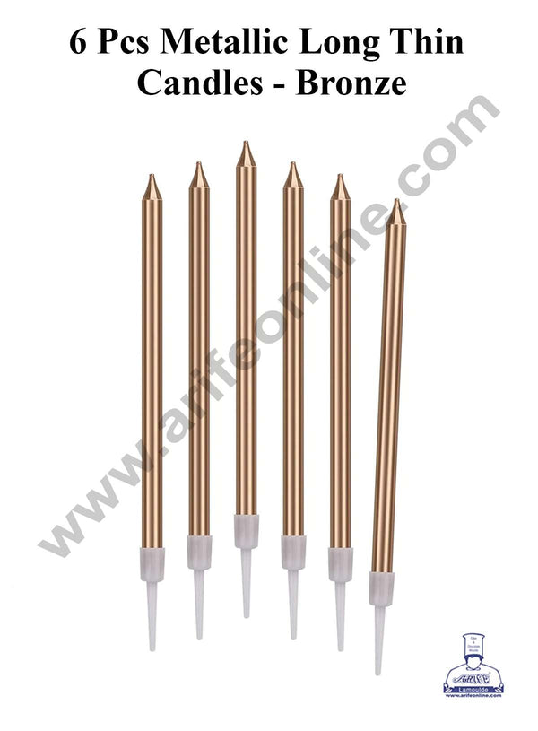 CAKE DECOR™ 6 Pcs Metallic Long Thin Candle for Cake and Cupcake Decorations - Bronze