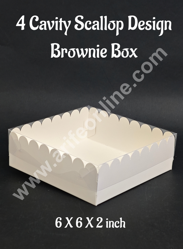 CAKE DECOR™ 4 Cavity White Brownie Box with Scallop Design With Lid | Premium Dessert & Sweet Box – (Pack of 5)