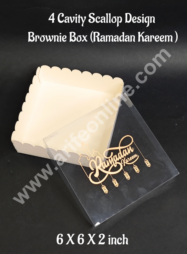 CAKE DECOR™  Ramadan Kareem 4 Cavity White Brownie Box with Scallop Design With Lid  | Premium Dessert & Sweet Box – (Pack of 5)