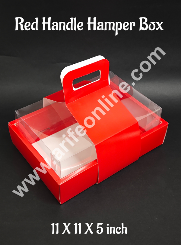 CAKE DECOR™ Valentine Theme Red Handle Hamper Box With Transparent Lid  | Gift Box | Gift Bag With Handle (1 Pc Pack)