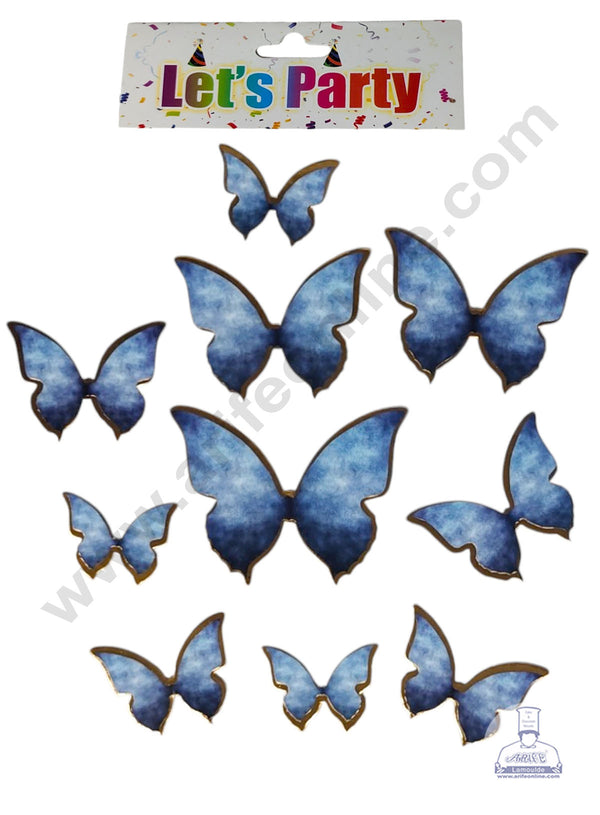 CAKE DECOR™ 10 Pcs Let's Party Cloudy Blue Shade With Golden Outlines Butterfly Paper Topper For Cake And Cupcake