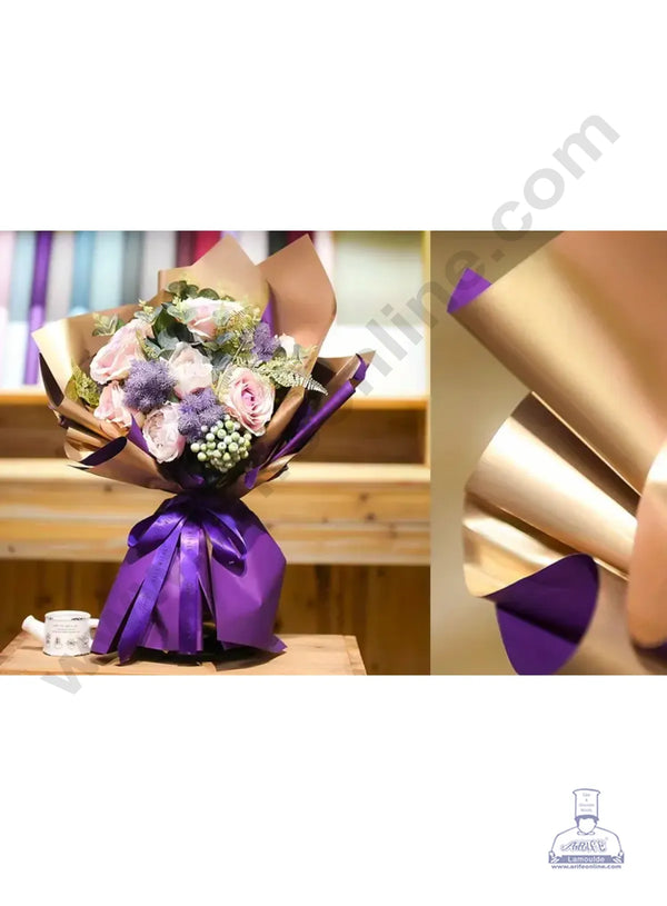 Korean Bouquet Wrapping Sheets | Premium Flower Wrapping Paper With One Side Gold Sheet (Violet & Golden) - CAKE DECOR™