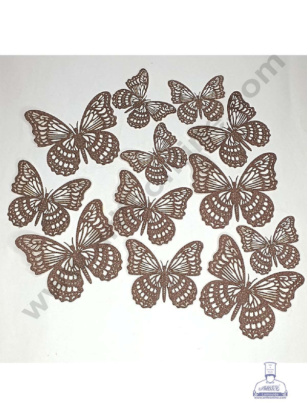CAKE DECOR™ 12 pcs Glitter Dark Brown Imported Butterfly Paper Topper For Cake And Cupcake