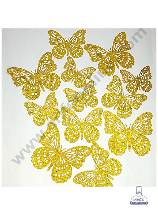 CAKE DECOR™ 12 pcs Glitter Dark Gold Imported Butterfly Paper Topper For Cake And Cupcake