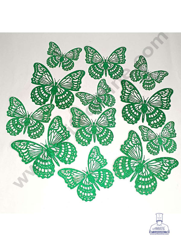 CAKE DECOR™ 12 pcs Glitter Dark Green Imported Butterfly Paper Topper For Cake And Cupcake