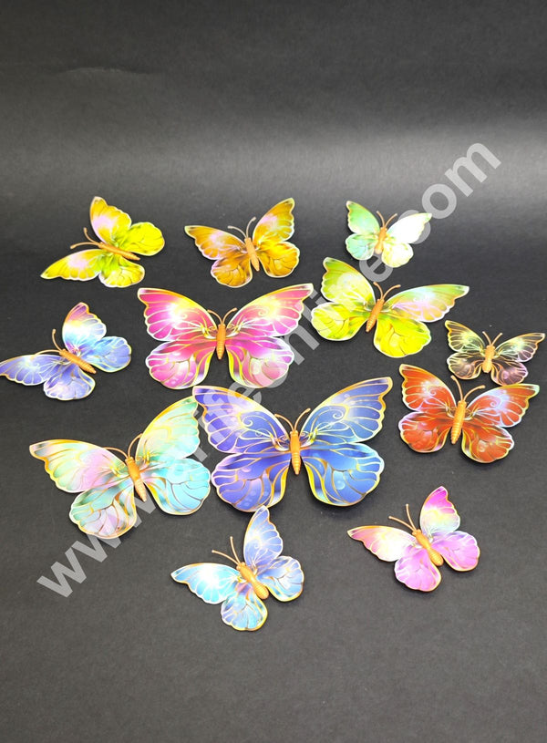 CAKE DECOR™ Holographic Multicolor 3D Magnetic Butterfly Cake Toppers | Hamper Decor – Set of 12 (Design 5 )