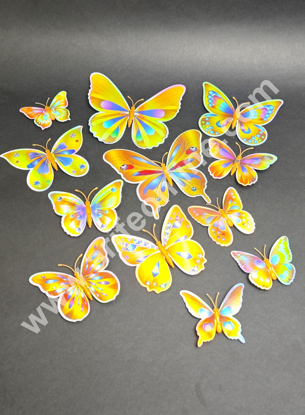 CAKE DECOR™ Holographic Golden 3D Magnetic Butterfly Cake Toppers | Edible Cake Decorations | Hamper Decor – Set of 12 (Design 1)