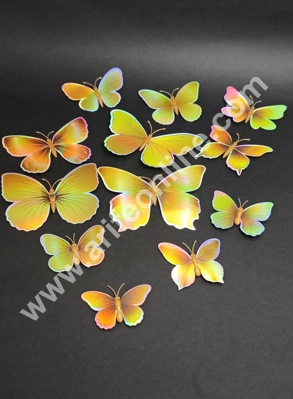 CAKE DECOR™ Holographic Golden 3D Magnetic Butterfly Cake Toppers | Edible Cake Decorations | Hamper Decor – Set of 12 (Design 2)