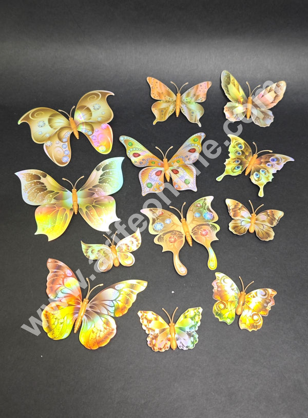 CAKE DECOR™ Holographic Golden 3D Magnetic Butterfly Cake Toppers | Edible Cake Decorations | Hamper Decor – Set of 12 (Design 3)