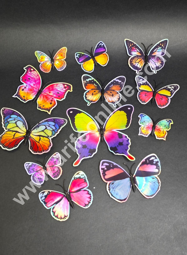 CAKE DECOR™ Holographic Multicolor 3D Magnetic Butterfly Cake Toppers | Edible Cake Decorations | Hamper Decor – Set of 12 (Design 8 )