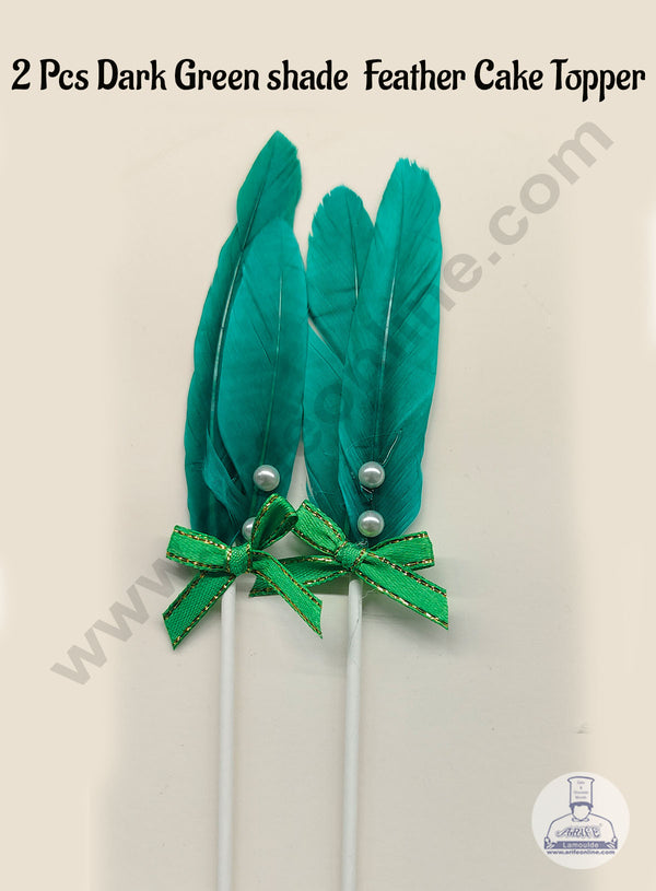 CAKE DECOR™ 2 Pcs Dark Green Shade Feather Topper For Cake Decoration