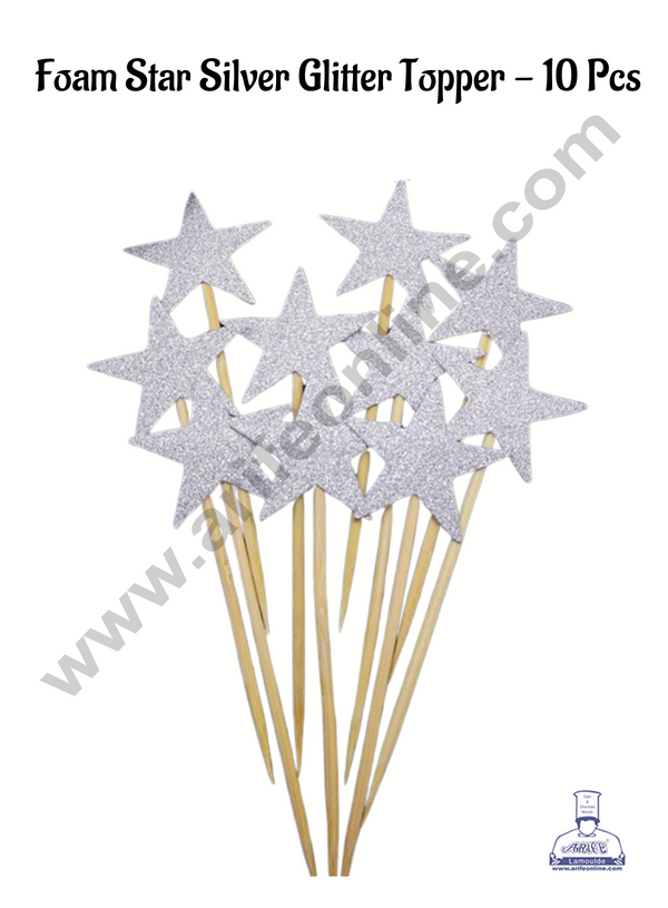 CAKE DECOR™ 10 Pcs Foam Star Silver Glitter Topper For Cake And Cupcake Decoration