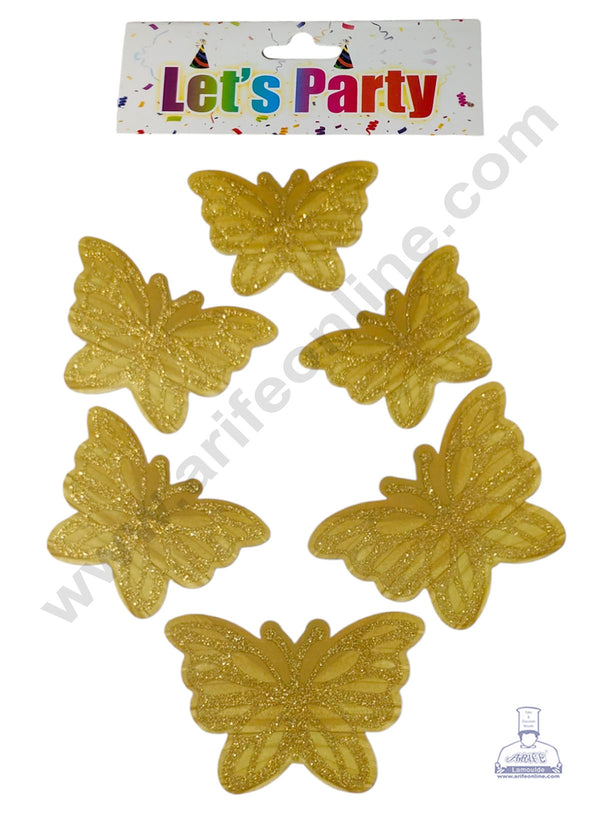 CAKE DECOR™ 6 Pcs Let's Party Yellow Golden Glittery Butterfly Paper Topper For Cake And Cupcake