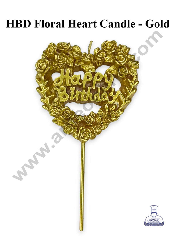 CAKE DECOR™ HBD Floral Heart Shape Candle for Cake and Cupcake Decorations - Gold (1 Piece)