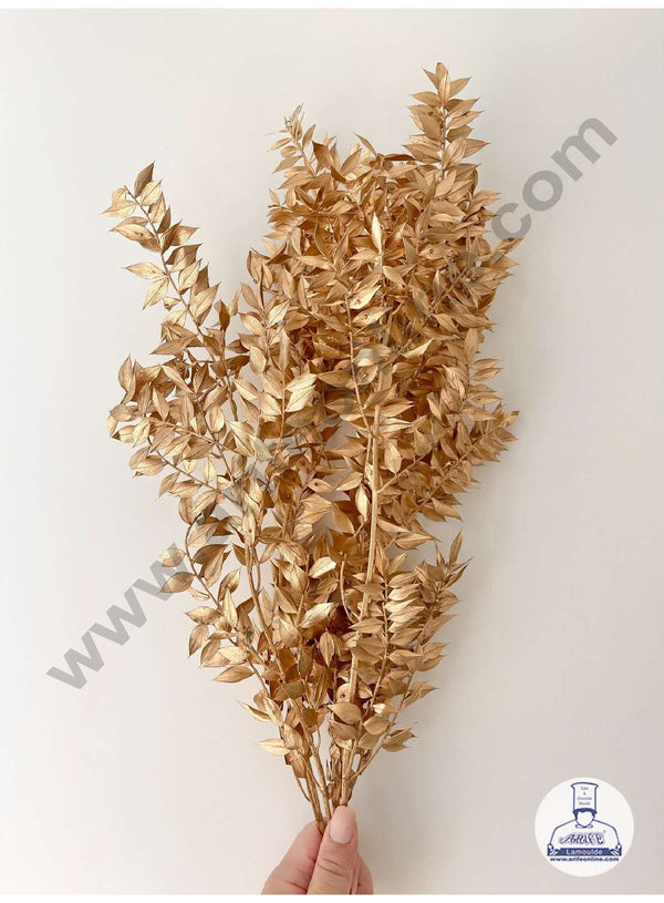 CAKE DECOR™ Gold Color Natural Dried Ruscus Leaves For Cake Decoration Bouquet Wedding Party Centerpieces Decorative – Gold (2 Stick)