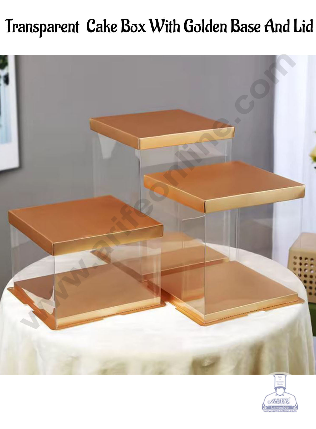 CAKE DECOR™ 1 Piece Transparent Square Cake Box With Golden Base & Lid ...