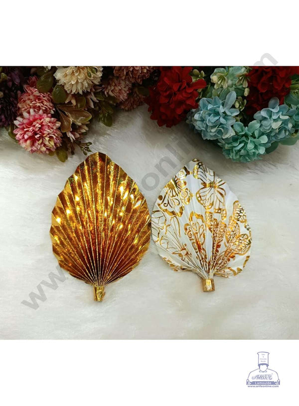 CAKE DECOR™ 2 pcs Gold Palm Leaves with One Side Design Paper Topper For Cake Decoration - Gold & White ( SBMT-PL-11 )