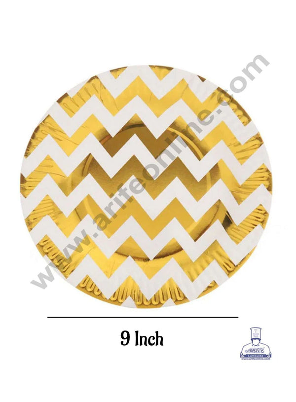 CAKE DECOR™ 9 inch Gold Zig-Zag Design Paper Plates | Disposable Plates | Birthday | Party | Occasions | Round Plates - Pack of 10