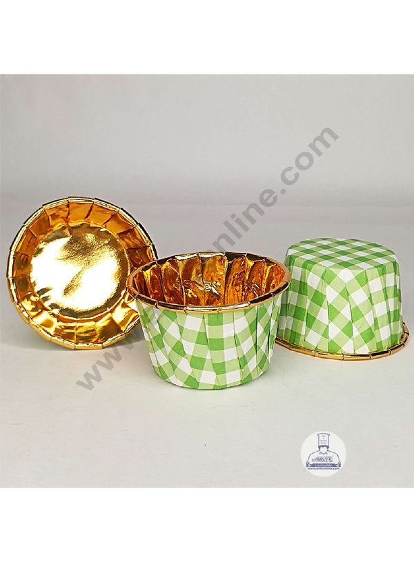 Cake Decor Golden Foil Coated Direct Bake-able Paper Muffin Cups - Green Checks (50 Pcs)