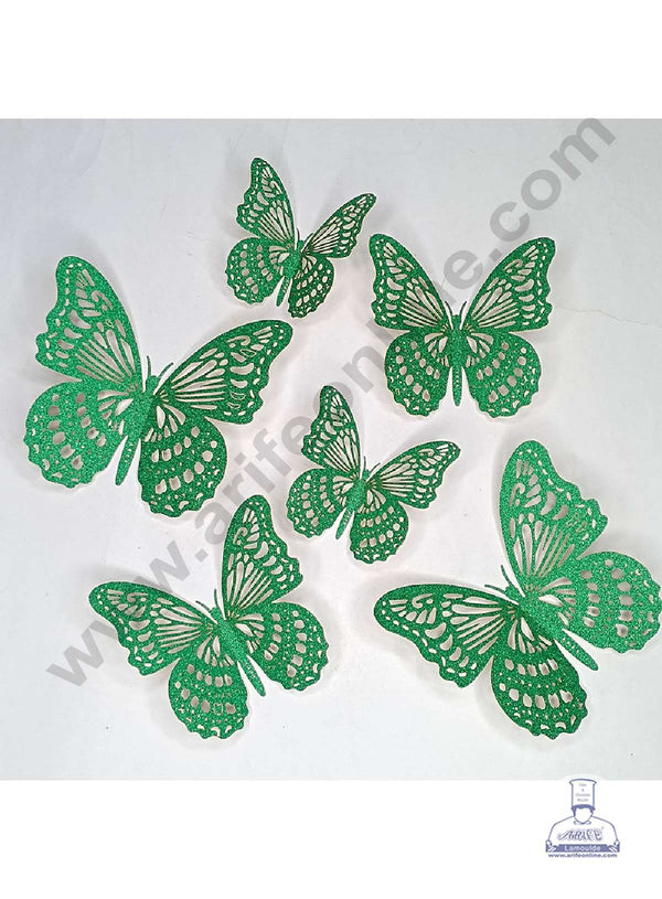 CAKE DECOR™ 12 pcs Glitter Green Imported Butterfly Paper Topper For Cake And Cupcake
