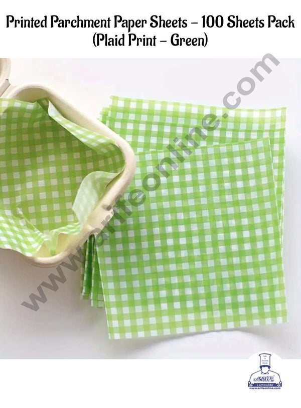 CAKE DECOR™ Printed Parchment Paper | Bento Box Liner | Grease Proof Paper | Wrap Paper - Green Checks/Plaid Print (100 Sheets)