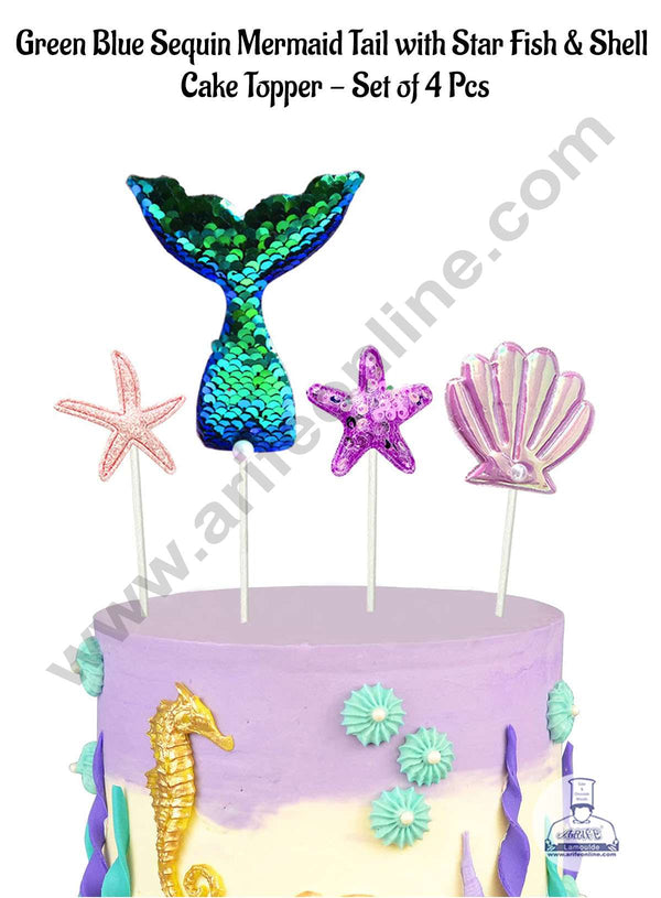 CAKE DECOR™ Green Blue Sequin Mermaid Tail with Star Fish & Shell Cake Topper - Set of 4 Pcs (SB-SMT-4GB)