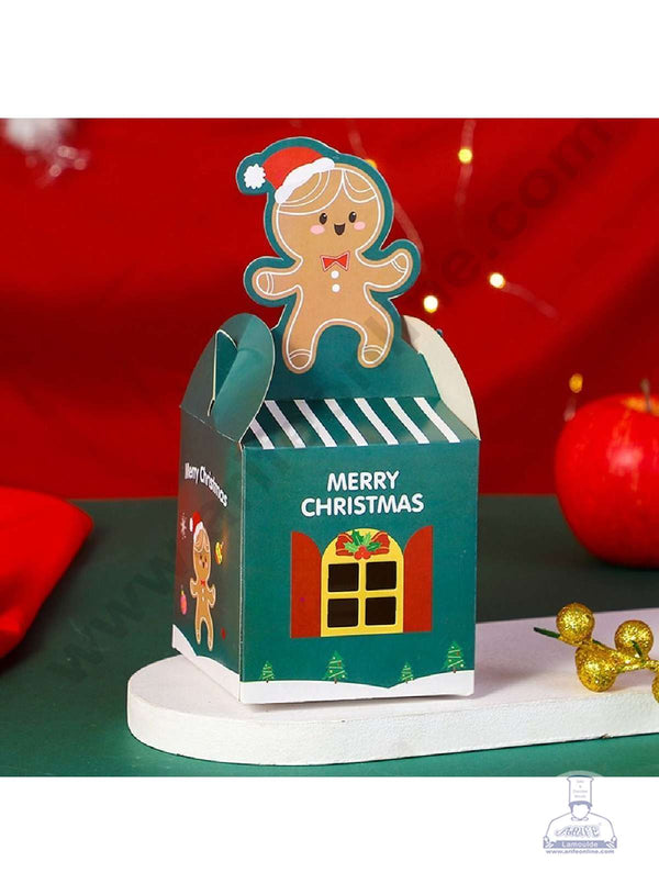 CAKE DECOR™ Fancy Merry Christmas Print Box with Ginger Bread Cutout Handle & Window Gift Box | Candy Box | Cookies Box | Sweet Treats Box - Green (10 Pcs Pack)