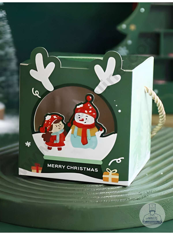 CAKE DECOR™ Christmas Theme Girl & Snowman Print Box with Rope Style Handle Gift Box | Candy Box | Cookies Box | Sweet Treats Box - Green (10 Pcs Pack)