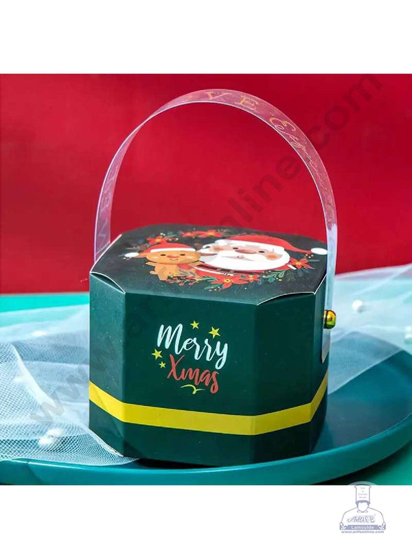 CAKE DECOR™ Christmas Theme Octagon Shape Box with Transparent Handle Gift Box | Candy Box | Cookies Box | Sweet Treats Box - Green (10 Pcs Pack)