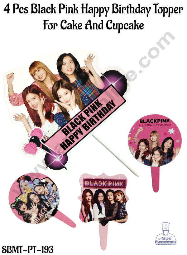 CAKE DECOR™ 4 Pcs Paper Black Pink Happy Birthday Topper For Cake And Cupcake