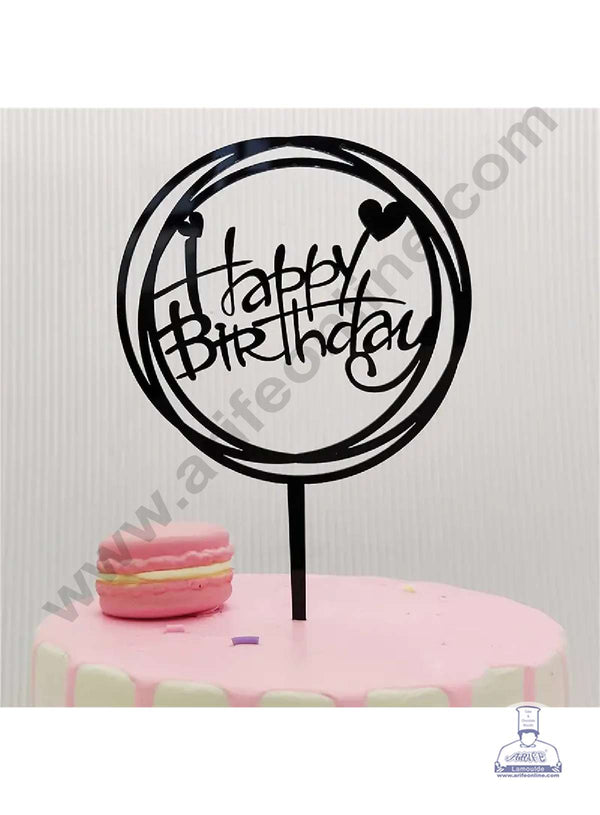 CAKE DECOR™ Black Acrylic Happy Birthday in Round with Rings Cake Topper SBMT-N-002