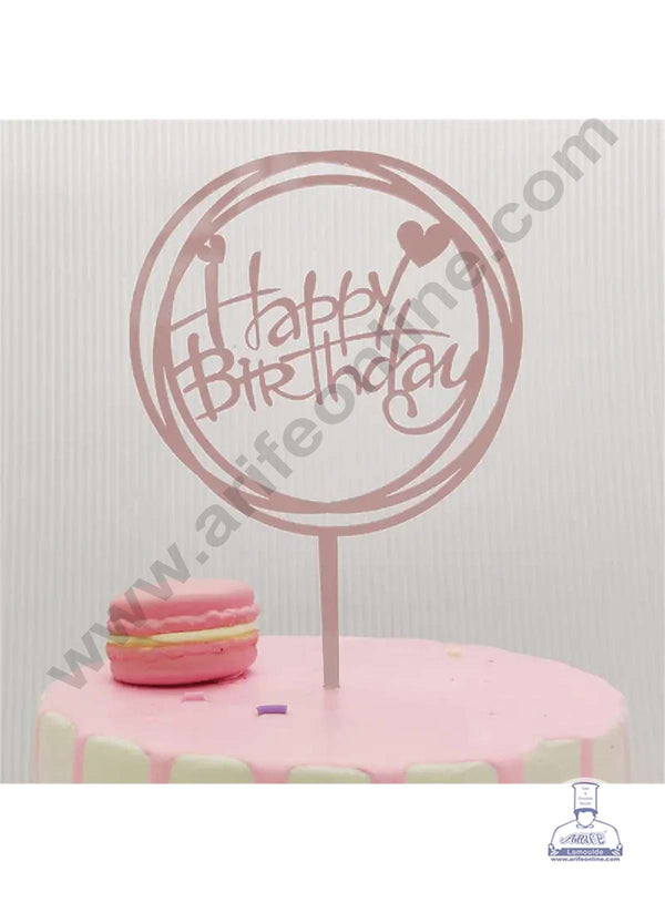 CAKE DECOR™ Pink Mirror Finishing Acrylic Happy Birthday in Round with Rings Cake Topper SBMT-N-001