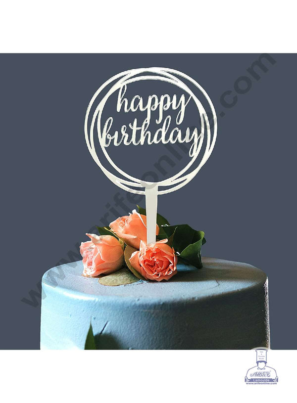 CAKE DECOR™ Mirror Finishing Acrylic Happy Birthday in Round Rings Frame Cake Topper SBMT-N-006