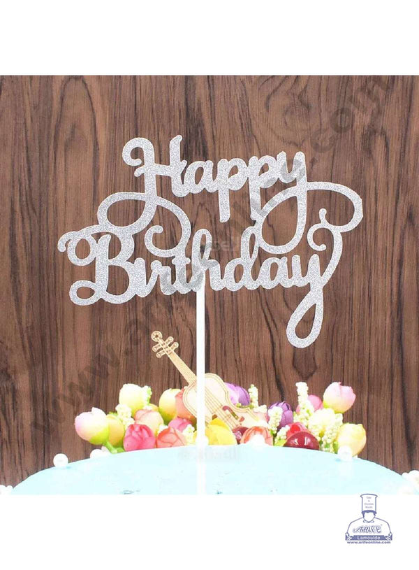 CAKE DECOR™ Silver Glitter Happy Birthday Paper Topper Cake Topper Cake Decoration (SBPT-GSilver)