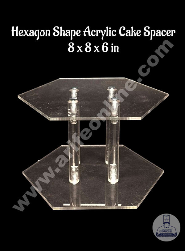 CAKE DECOR™ Hexagon Shape Cake Spacer with Rods 8" X 6" Acrylic Clear Cake Display Spacer