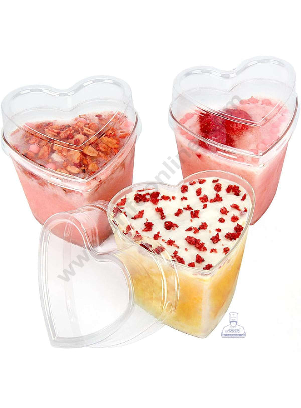 CAKE DECOR™ Heart Shape Transparent Mousse Cups with Lids | Dessert Cups | Pudding Cups | Mini Parfait Cups - Big (Pack of 10)