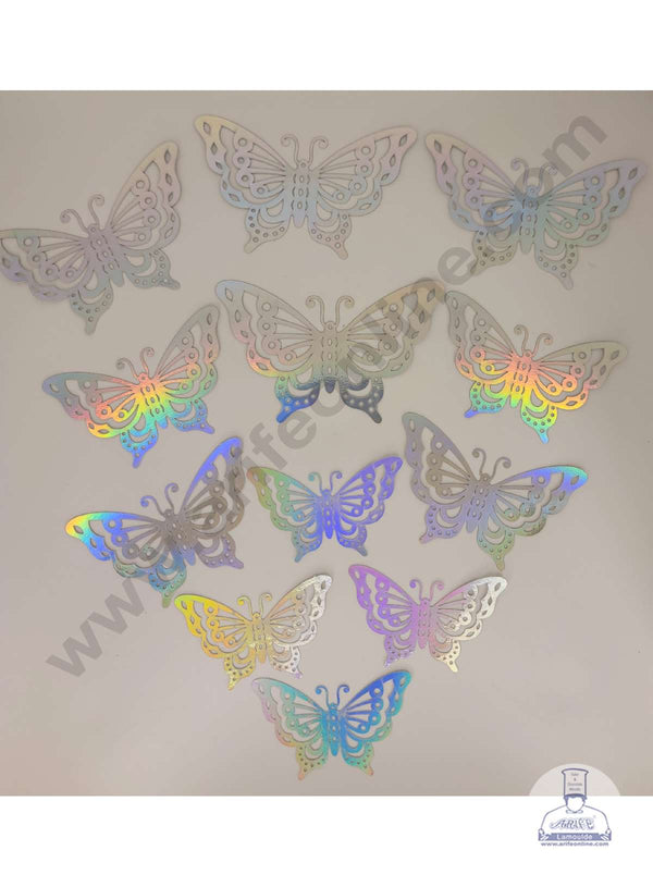 CAKE DECOR™ 12 Pcs Imported Silver/HoloGraphic Butterfly Paper Topper for Cake & Cupcake Decoration (SBMT-PT-IMP-002)