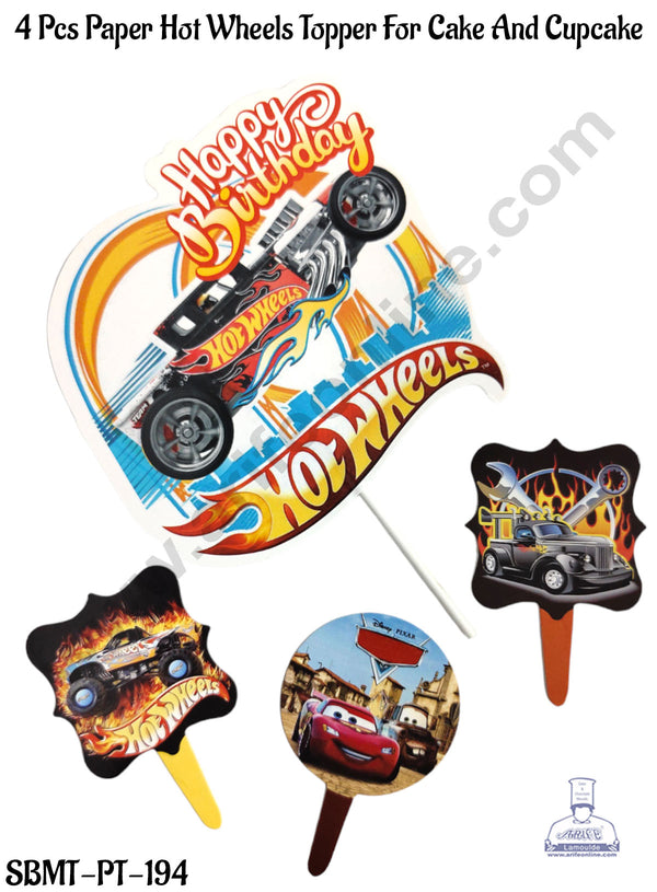 CAKE DECOR™ 4 Pcs Paper Hot Wheels Topper For Cake And Cupcake