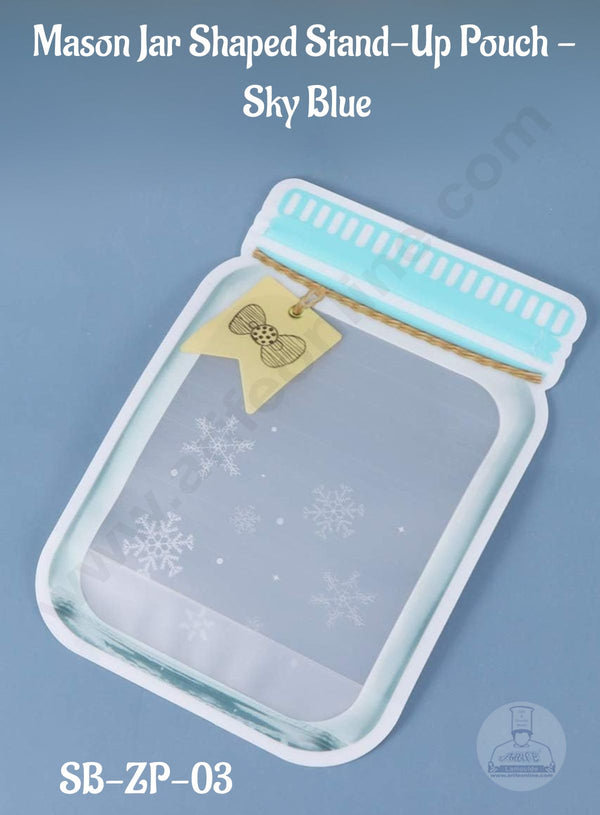 CAKE DECOR™  Small Mason Jar Shaped Stand-Up Pouch -  Sky Blue  (6 x 4.2 x 3 Inch) (Pack of 10)(SB-ZP-03)